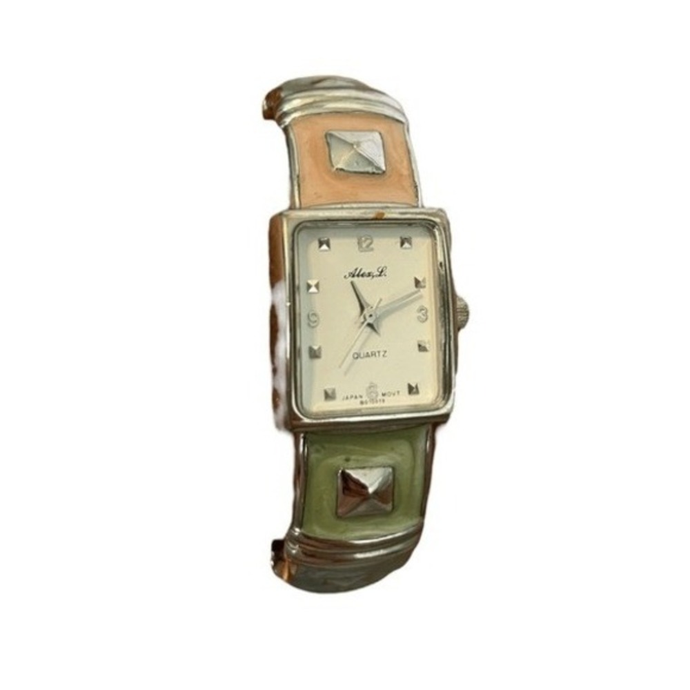 Alex L Quartz Clamper Bracelet Watch Silver Tone Metal Pastel Hinged